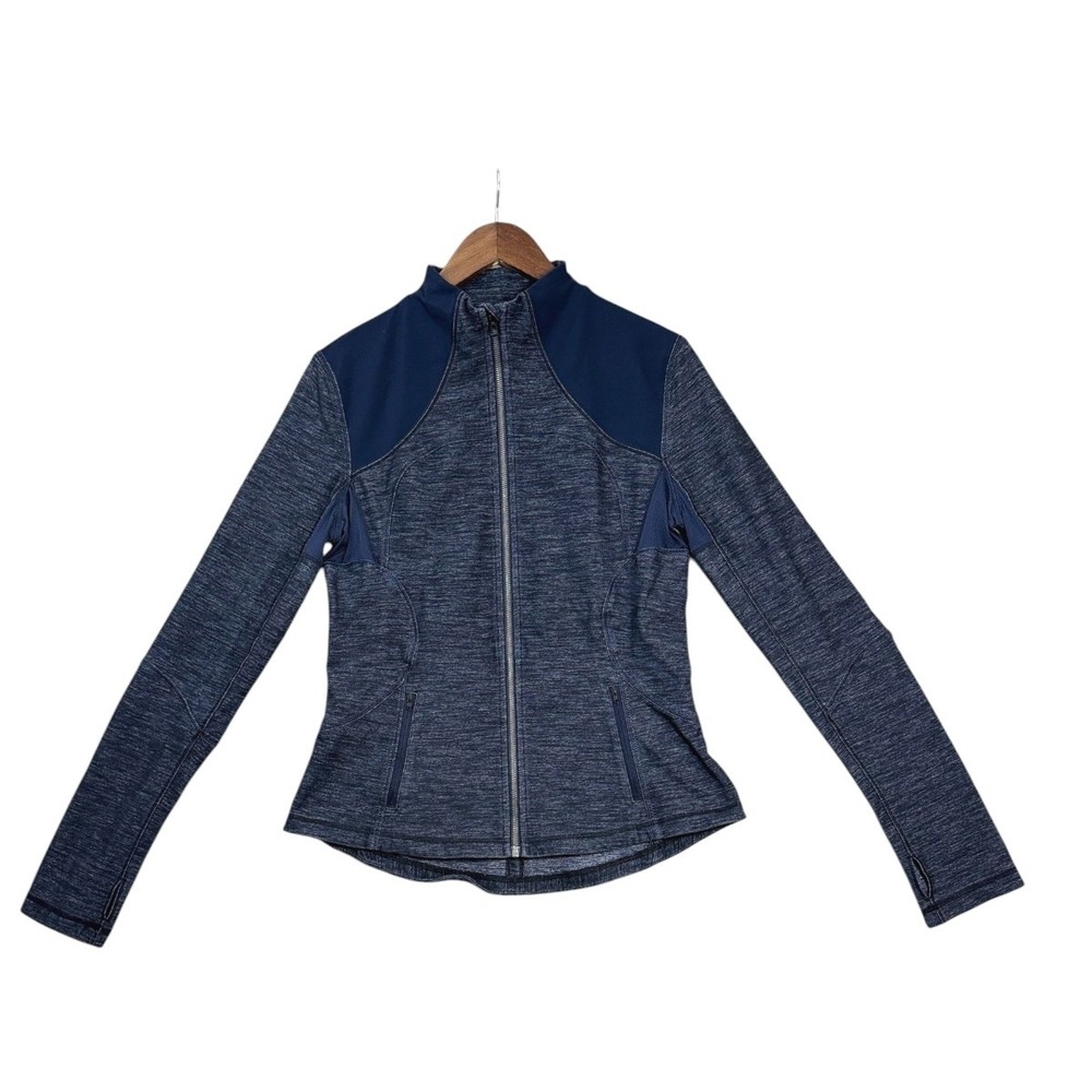 Lululemon Womens Forme Jacket 12 Inkwell Blue Slub Denim Full Zip Running w/Bag